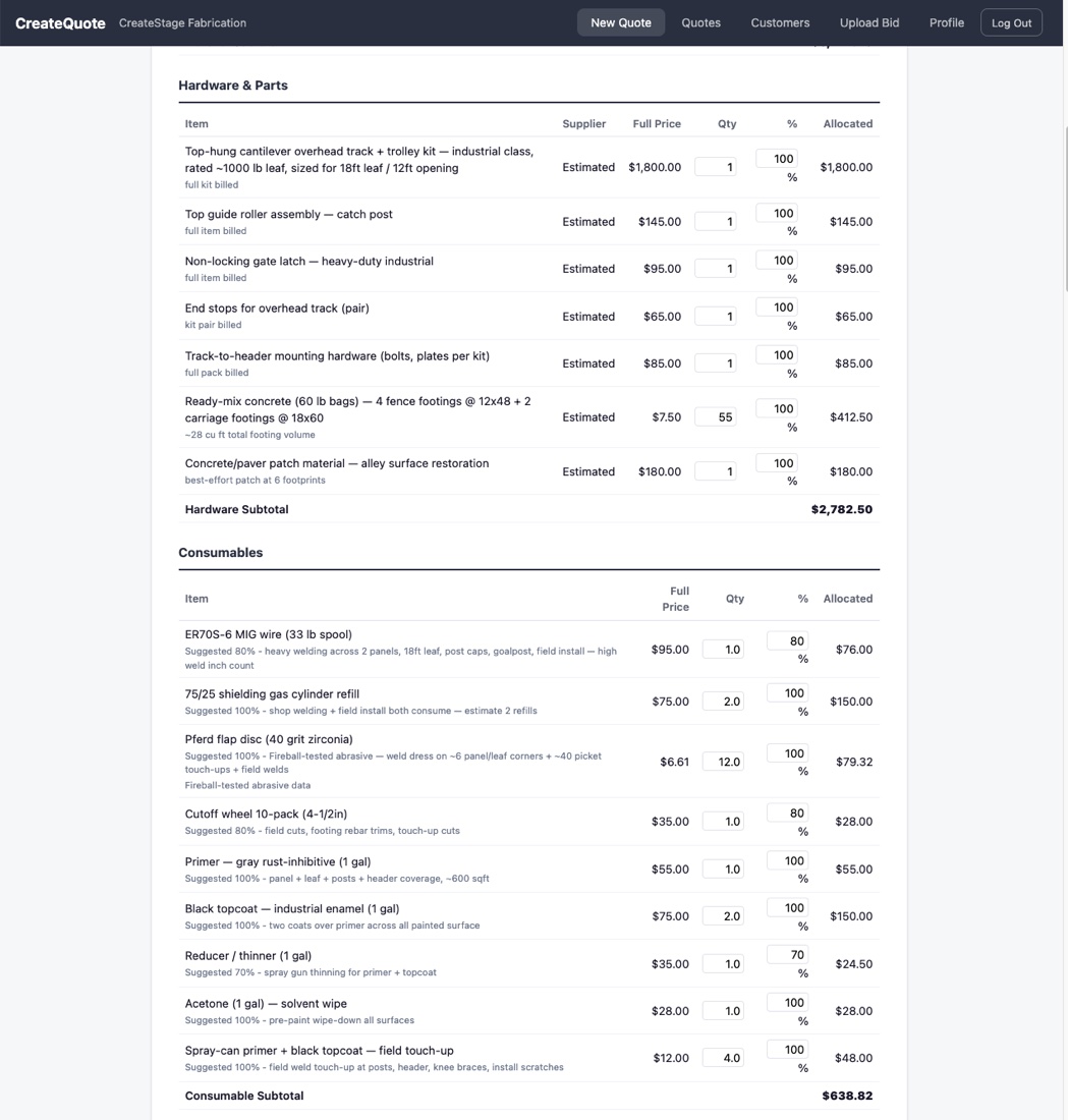 CreateQuote — materials breakdown